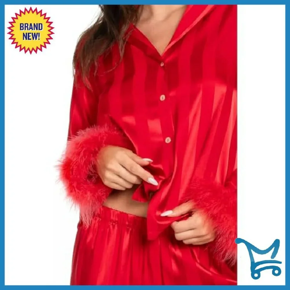 Satin Pajama Set with Feather Trim, Long Sleeve Shirt & Wide Leg Pants